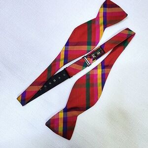 R Hanauer 100% Silk Bow Tie Plaid Slubbed Silk Self-Tie Adjustable
